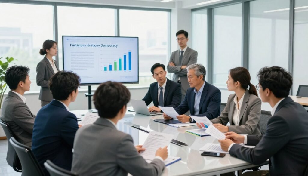 A large, modern conference room filled with diverse professionals engaged in discussion around a transparent table. In the foreground, a group of individuals of various ethnicities, dressed in smart business attire, are reviewing documents and charts that symbolize transparency and governance. The middle ground features a digital screen displaying graphs related to participatory democracy, while in the background, large windows allow natural light to flood the room, creating a bright and open atmosphere. The lighting is soft yet bright, with a focus on the interaction among the participants, conveying a sense of collaboration and innovation. The overall mood is one of professionalism, inclusivity, and forward-thinking. A large, modern conference room filled with diverse professionals engaged in discussion around a transparent table. In the foreground, a group of individuals of various ethnicities, dressed in smart business attire, are reviewing documents and charts that symbolize transparency and governance. The middle ground features a digital screen displaying graphs related to participatory democracy, while in the background, large windows allow natural light to flood the room, creating a bright and open atmosphere. The lighting is soft yet bright, with a focus on the interaction among the participants, conveying a sense of collaboration and innovation. The overall mood is one of professionalism, inclusivity, and forward-thinking.