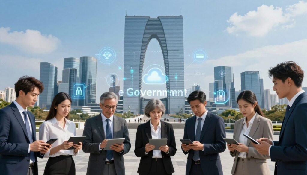 A modern city skyline with a focus on a large, futuristic government building at the center, representing e-government. In the foreground, a group of diverse professionals in business attire are engaged in discussion while interacting with digital devices, such as tablets and smartphones. The middle ground features a digital screen displaying the concept of e-government, with elements like cloud computing and secure data exchange visualized through glowing icons. The background shows a clear blue sky with few clouds, enhancing the futuristic and optimistic mood of the scene. Dynamic lighting creates a bright atmosphere, emphasizing innovation and collaboration. Shot with a wide-angle lens to capture the bustling environment and urban energy, all elements reflect the definition and concept of electronic governance. A modern city skyline with a focus on a large, futuristic government building at the center, representing e-government. In the foreground, a group of diverse professionals in business attire are engaged in discussion while interacting with digital devices, such as tablets and smartphones. The middle ground features a digital screen displaying the concept of e-government, with elements like cloud computing and secure data exchange visualized through glowing icons. The background shows a clear blue sky with few clouds, enhancing the futuristic and optimistic mood of the scene. Dynamic lighting creates a bright atmosphere, emphasizing innovation and collaboration. Shot with a wide-angle lens to capture the bustling environment and urban energy, all elements reflect the definition and concept of electronic governance.