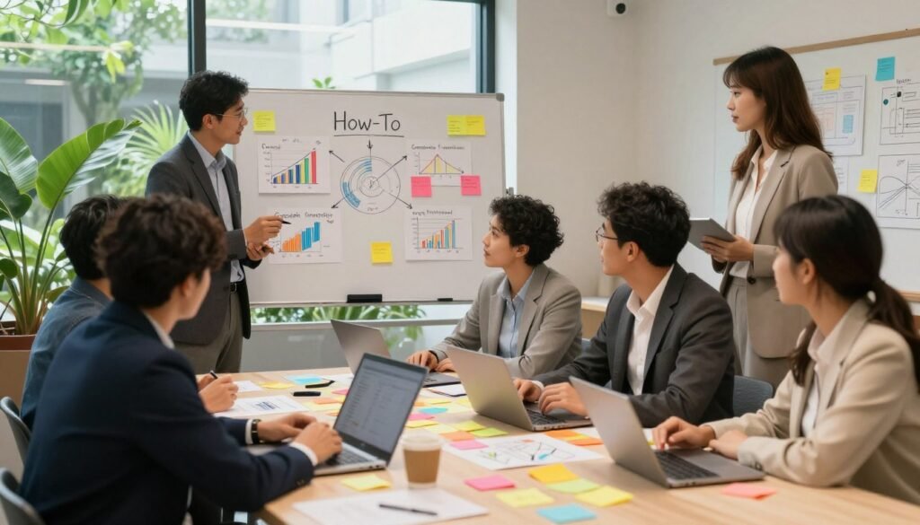 A modern, collaborative workspace designed for community empowerment. In the foreground, a diverse group of professionals in business attire, engaging in a brainstorming session around a large table, filled with colorful sticky notes and diagrams. In the middle, a whiteboard covered in charts and strategies illustrating the "How-To" methodology for community improvement. The background features a large window allowing natural light to flood in, with lush greenery visible outside, symbolizing growth and vitality. The atmosphere is vibrant and focused, conveying a sense of teamwork and creativity. Soft, warm lighting enhances the inviting environment. Captured at a slightly elevated angle to showcase the group's interaction and the dynamic ideas being shared. A modern, collaborative workspace designed for community empowerment. In the foreground, a diverse group of professionals in business attire, engaging in a brainstorming session around a large table, filled with colorful sticky notes and diagrams. In the middle, a whiteboard covered in charts and strategies illustrating the "How-To" methodology for community improvement. The background features a large window allowing natural light to flood in, with lush greenery visible outside, symbolizing growth and vitality. The atmosphere is vibrant and focused, conveying a sense of teamwork and creativity. Soft, warm lighting enhances the inviting environment. Captured at a slightly elevated angle to showcase the group's interaction and the dynamic ideas being shared.
