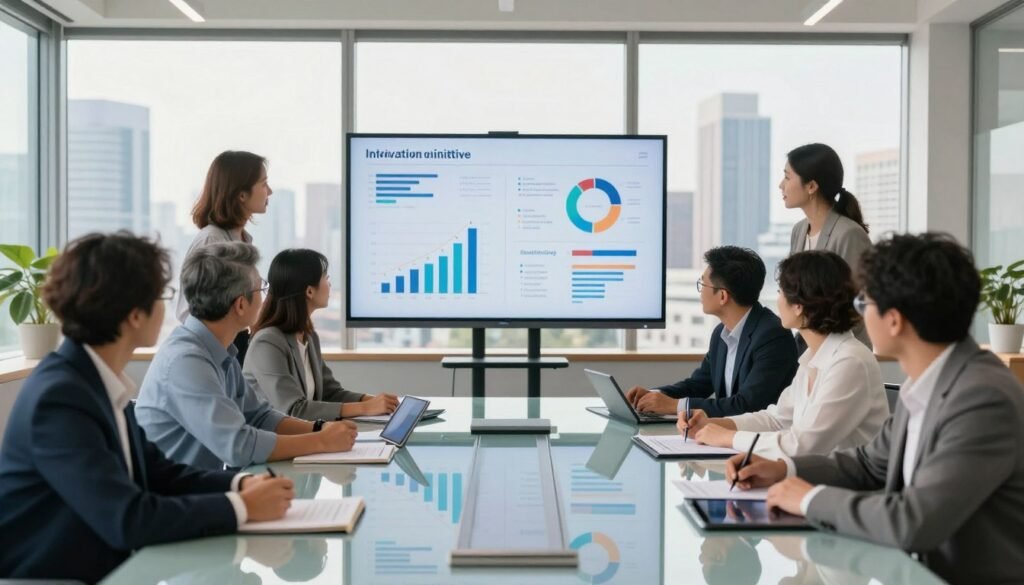 A modern conference room filled with professionals engaged in strategic planning. In the foreground, a diverse group of businesspeople—men and women of various ethnicities—are gathered around a sleek, glass table, analyzing documents and digital tablets. The middle layer features a large digital screen displaying graphs and infographics about innovative initiatives and strategic projects. The background shows a city skyline through floor-to-ceiling windows, with natural light flooding the room, creating a bright and optimistic atmosphere. The scene conveys a sense of collaboration and forward-thinking, embodying the essence of strategic initiatives. Use warm lighting to evoke a welcoming and inspiring mood, capturing the essence of modern digital platforms in a corporate setting. A modern conference room filled with professionals engaged in strategic planning. In the foreground, a diverse group of businesspeople—men and women of various ethnicities—are gathered around a sleek, glass table, analyzing documents and digital tablets. The middle layer features a large digital screen displaying graphs and infographics about innovative initiatives and strategic projects. The background shows a city skyline through floor-to-ceiling windows, with natural light flooding the room, creating a bright and optimistic atmosphere. The scene conveys a sense of collaboration and forward-thinking, embodying the essence of strategic initiatives. Use warm lighting to evoke a welcoming and inspiring mood, capturing the essence of modern digital platforms in a corporate setting.
