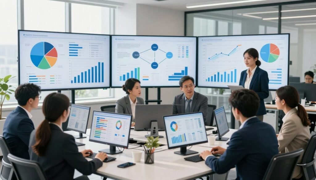 A modern data analysis process visualized in a professional setting. In the foreground, a diverse group of business professionals in smart attire is engaged in collaborative discussions over data reports and digital devices displaying graphs and charts. In the middle ground, large screens illustrate various data visualizations, including pie charts, bar graphs, and flow diagrams showing the data journey from collection to insights. The background features a bright, contemporary office environment with windows allowing natural light to flood in, casting soft shadows. The mood is focused and energetic, symbolizing teamwork and innovation in data analysis. Use a wide-angle lens to capture the full ambiance of the workspace, enhancing the sense of collaboration and clarity in the atmosphere. A modern data analysis process visualized in a professional setting. In the foreground, a diverse group of business professionals in smart attire is engaged in collaborative discussions over data reports and digital devices displaying graphs and charts. In the middle ground, large screens illustrate various data visualizations, including pie charts, bar graphs, and flow diagrams showing the data journey from collection to insights. The background features a bright, contemporary office environment with windows allowing natural light to flood in, casting soft shadows. The mood is focused and energetic, symbolizing teamwork and innovation in data analysis. Use a wide-angle lens to capture the full ambiance of the workspace, enhancing the sense of collaboration and clarity in the atmosphere.