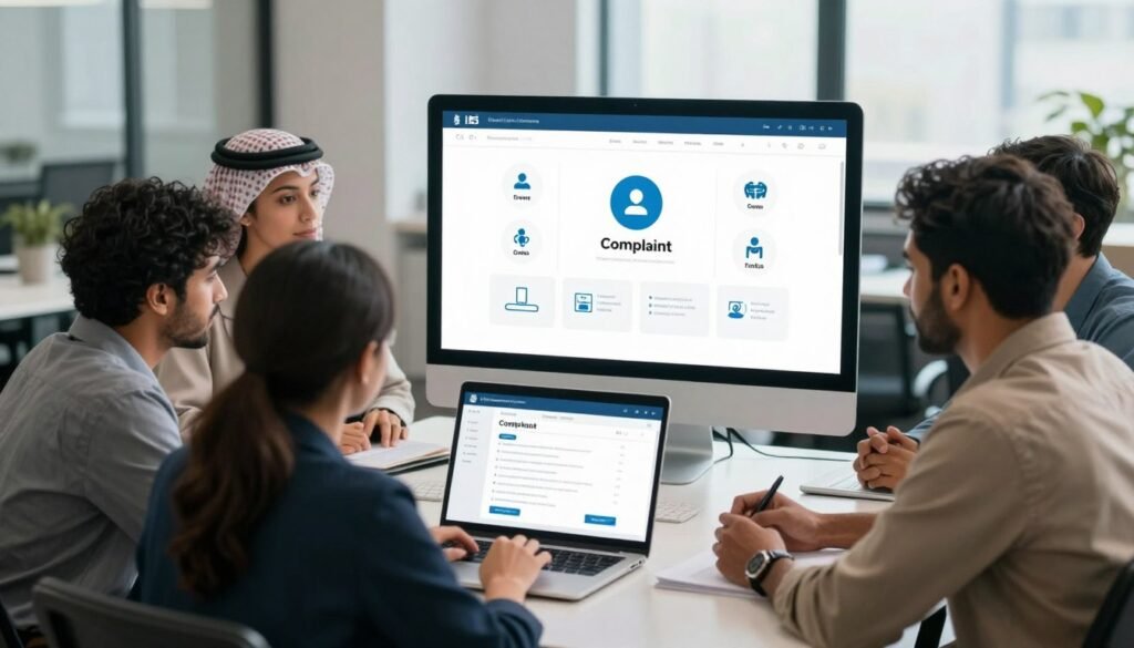 A modern digital interface showcasing the process of submitting complaints through an online platform. In the foreground, a diverse group of people, including a Middle-Eastern woman in professional attire and a South Asian man in smart casual clothing, are sitting together at a sleek table, engaged in a collaborative discussion over a laptop displaying the complaint submission form. In the middle ground, a large, illuminated screen displays various icons symbolizing complaints and solutions. The background features a contemporary office with soft, natural lighting streaming through large windows, creating an inviting atmosphere. The overall mood conveys a sense of teamwork and proactive problem-solving. The angle focuses slightly from above, capturing both the group interaction and the digital elements on the screen. A modern digital interface showcasing the process of submitting complaints through an online platform. In the foreground, a diverse group of people, including a Middle-Eastern woman in professional attire and a South Asian man in smart casual clothing, are sitting together at a sleek table, engaged in a collaborative discussion over a laptop displaying the complaint submission form. In the middle ground, a large, illuminated screen displays various icons symbolizing complaints and solutions. The background features a contemporary office with soft, natural lighting streaming through large windows, creating an inviting atmosphere. The overall mood conveys a sense of teamwork and proactive problem-solving. The angle focuses slightly from above, capturing both the group interaction and the digital elements on the screen.