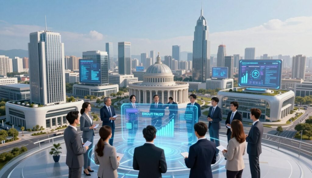 A modern digital landscape depicting trust and digital political institutions. In the foreground, a diverse group of professionals in smart business attire engage in discussions around a large holographic display showcasing graphs and data trends related to digital trust. The middle ground features sleek, futuristic buildings that represent governmental and political structures, with digital screens projecting information about democratic processes. In the background, a city skyline under a clear blue sky symbolizes progress and innovation. Soft, natural lighting enhances the atmosphere of collaboration and transparency, while an aerial perspective captures the interconnectedness of technology and politics. The overall mood evokes hope and confidence in the transformations brought by digital advancements within political institutions. A modern digital landscape depicting trust and digital political institutions. In the foreground, a diverse group of professionals in smart business attire engage in discussions around a large holographic display showcasing graphs and data trends related to digital trust. The middle ground features sleek, futuristic buildings that represent governmental and political structures, with digital screens projecting information about democratic processes. In the background, a city skyline under a clear blue sky symbolizes progress and innovation. Soft, natural lighting enhances the atmosphere of collaboration and transparency, while an aerial perspective captures the interconnectedness of technology and politics. The overall mood evokes hope and confidence in the transformations brought by digital advancements within political institutions.