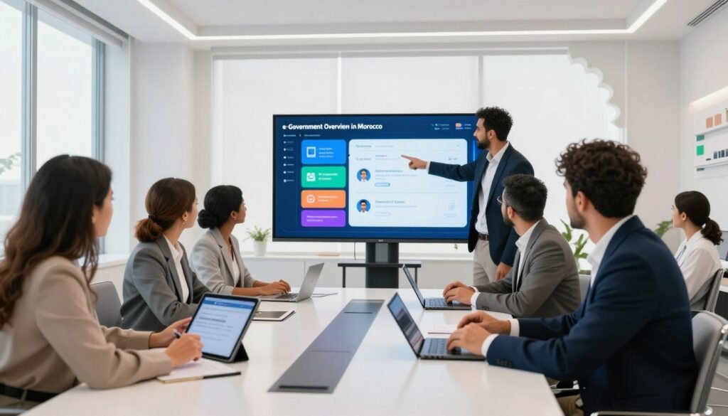 A modern digital workspace representing "e-Government Overview in Morocco," showcasing a diverse group of professional individuals collaborating around a sleek, high-tech conference table. In the foreground, a Moroccan woman in business attire examines a tablet, while a man in a suit points at a digital presentation on a large screen. The middle ground features colorful infographics depicting online services and citizen engagement, while a bright, well-lit office with subtle Moroccan architectural elements forms the background. The lighting is bright but soft, creating an inviting atmosphere, with natural light filtering through large windows. The overall mood is one of innovation, collaboration, and technological advancement, reflecting the importance of e-government services in enhancing citizen welfare. A modern digital workspace representing "e-Government Overview in Morocco," showcasing a diverse group of professional individuals collaborating around a sleek, high-tech conference table. In the foreground, a Moroccan woman in business attire examines a tablet, while a man in a suit points at a digital presentation on a large screen. The middle ground features colorful infographics depicting online services and citizen engagement, while a bright, well-lit office with subtle Moroccan architectural elements forms the background. The lighting is bright but soft, creating an inviting atmosphere, with natural light filtering through large windows. The overall mood is one of innovation, collaboration, and technological advancement, reflecting the importance of e-government services in enhancing citizen welfare.