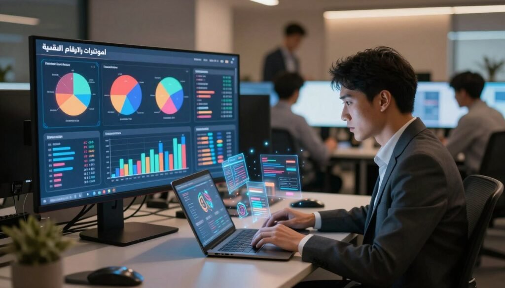 A modern digital workspace representing "المؤشرات والأرقام القياسية," showcasing vibrant graphs, charts, and statistics on a sleek screen. In the foreground, a professional wearing business attire is analyzing data on a laptop, surrounded by floating 3D holographic figures representing key performance indicators. In the middle ground, a large digital display features colorful pie charts and bar graphs, illuminated by soft, ambient lighting, suggesting a high-tech environment. The background reveals blurred silhouettes of a busy office filled with monitors and collaborative teams engaged in discussions, creating a dynamic atmosphere. Use a slightly angled perspective to emphasize depth, with a warm color palette that conveys innovation and optimism in the digital transformation landscape. A modern digital workspace representing "المؤشرات والأرقام القياسية," showcasing vibrant graphs, charts, and statistics on a sleek screen. In the foreground, a professional wearing business attire is analyzing data on a laptop, surrounded by floating 3D holographic figures representing key performance indicators. In the middle ground, a large digital display features colorful pie charts and bar graphs, illuminated by soft, ambient lighting, suggesting a high-tech environment. The background reveals blurred silhouettes of a busy office filled with monitors and collaborative teams engaged in discussions, creating a dynamic atmosphere. Use a slightly angled perspective to emphasize depth, with a warm color palette that conveys innovation and optimism in the digital transformation landscape.