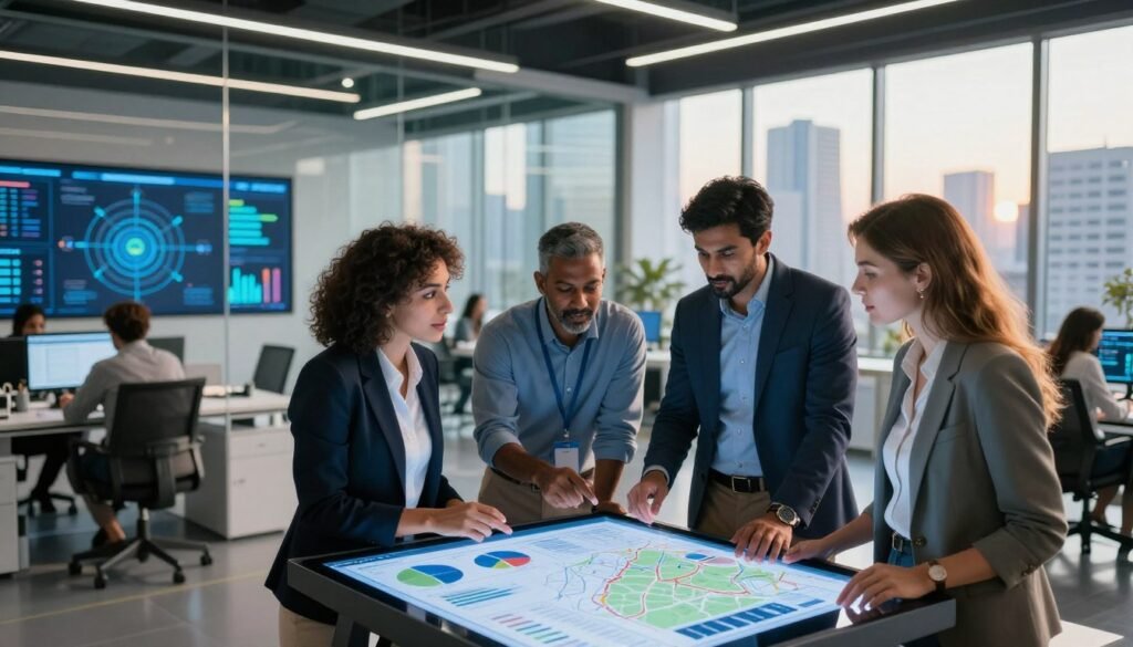 A modern, dynamic office environment filled with diverse professionals collaborating on digital government strategies. In the foreground, a group of three individuals—a Middle-Eastern woman in a business suit, a South Asian man in smart casual attire, and a Caucasian woman wearing business attire—discussing over a large digital tablet displaying graphs and maps. In the middle ground, a glass wall showcases screens filled with data visualizations and charts illustrating the digital transformation process. The background features a sleek city skyline visible through large windows bathed in warm, natural light, creating an optimistic and innovative atmosphere. The perspective is slightly elevated, capturing the synergy of teamwork and modern technology. The overall mood is inspiring and forward-thinking, emphasizing government strategy in the digital age. A modern, dynamic office environment filled with diverse professionals collaborating on digital government strategies. In the foreground, a group of three individuals—a Middle-Eastern woman in a business suit, a South Asian man in smart casual attire, and a Caucasian woman wearing business attire—discussing over a large digital tablet displaying graphs and maps. In the middle ground, a glass wall showcases screens filled with data visualizations and charts illustrating the digital transformation process. The background features a sleek city skyline visible through large windows bathed in warm, natural light, creating an optimistic and innovative atmosphere. The perspective is slightly elevated, capturing the synergy of teamwork and modern technology. The overall mood is inspiring and forward-thinking, emphasizing government strategy in the digital age.