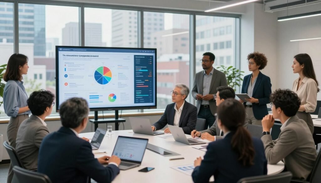 A modern, dynamic workspace depicting diverse citizens actively engaging in decision-making sessions. In the foreground, a round table filled with professionals in business attire, actively discussing and brainstorming ideas. In the middle ground, a large digital screen displays data visualizations and infographics about community engagement strategies. In the background, large windows offer a view of a vibrant cityscape during the day, symbolizing transparency and accessibility. Soft, diffused lighting enhances a collaborative atmosphere, casting gentle shadows, while a slightly elevated camera angle captures the energy in the room. The mood is engaged and optimistic, reflecting hope and participation in civic life. A modern, dynamic workspace depicting diverse citizens actively engaging in decision-making sessions. In the foreground, a round table filled with professionals in business attire, actively discussing and brainstorming ideas. In the middle ground, a large digital screen displays data visualizations and infographics about community engagement strategies. In the background, large windows offer a view of a vibrant cityscape during the day, symbolizing transparency and accessibility. Soft, diffused lighting enhances a collaborative atmosphere, casting gentle shadows, while a slightly elevated camera angle captures the energy in the room. The mood is engaged and optimistic, reflecting hope and participation in civic life.