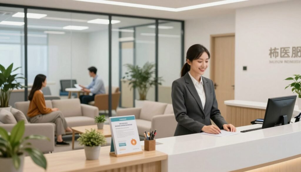 A modern employer health services office interior, focusing on a bright and welcoming reception area in the foreground. Feature a friendly, professional receptionist in business attire, ready to assist visitors. In the middle ground, display a cozy waiting area with comfortable seating, indoor plants, and health-related brochures on a table. The background should include sleek glass walls showcasing a consultation room where a healthcare professional discusses wellness options with an employee in smart casual clothing. Use soft, natural lighting to create a warm and inviting atmosphere, with a wide-angle perspective to capture the entire scene. Emphasize a sense of care, professionalism, and dedication to employee health and well-being. A modern employer health services office interior, focusing on a bright and welcoming reception area in the foreground. Feature a friendly, professional receptionist in business attire, ready to assist visitors. In the middle ground, display a cozy waiting area with comfortable seating, indoor plants, and health-related brochures on a table. The background should include sleek glass walls showcasing a consultation room where a healthcare professional discusses wellness options with an employee in smart casual clothing. Use soft, natural lighting to create a warm and inviting atmosphere, with a wide-angle perspective to capture the entire scene. Emphasize a sense of care, professionalism, and dedication to employee health and well-being.