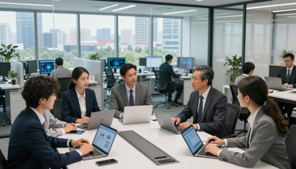 A modern government office environment illustrating efficient operations. In the foreground, a diverse group of professionals in business attire collaborates around a sleek conference table, engaged in discussion with digital tablets and laptops. In the middle ground, transparent glass walls reveal departments actively utilizing advanced technology, such as AI systems and automated workflows. The background features an impressive cityscape view through large windows, showcasing a harmonious blend of nature and urban infrastructure. Soft, bright lighting creates a productive and optimistic atmosphere, highlighting the professionalism and dynamism of government operations. The camera angle is slightly elevated, capturing the interaction and the technology without chaos, all while maintaining a sense of order and innovation. A modern government office environment illustrating efficient operations. In the foreground, a diverse group of professionals in business attire collaborates around a sleek conference table, engaged in discussion with digital tablets and laptops. In the middle ground, transparent glass walls reveal departments actively utilizing advanced technology, such as AI systems and automated workflows. The background features an impressive cityscape view through large windows, showcasing a harmonious blend of nature and urban infrastructure. Soft, bright lighting creates a productive and optimistic atmosphere, highlighting the professionalism and dynamism of government operations. The camera angle is slightly elevated, capturing the interaction and the technology without chaos, all while maintaining a sense of order and innovation.