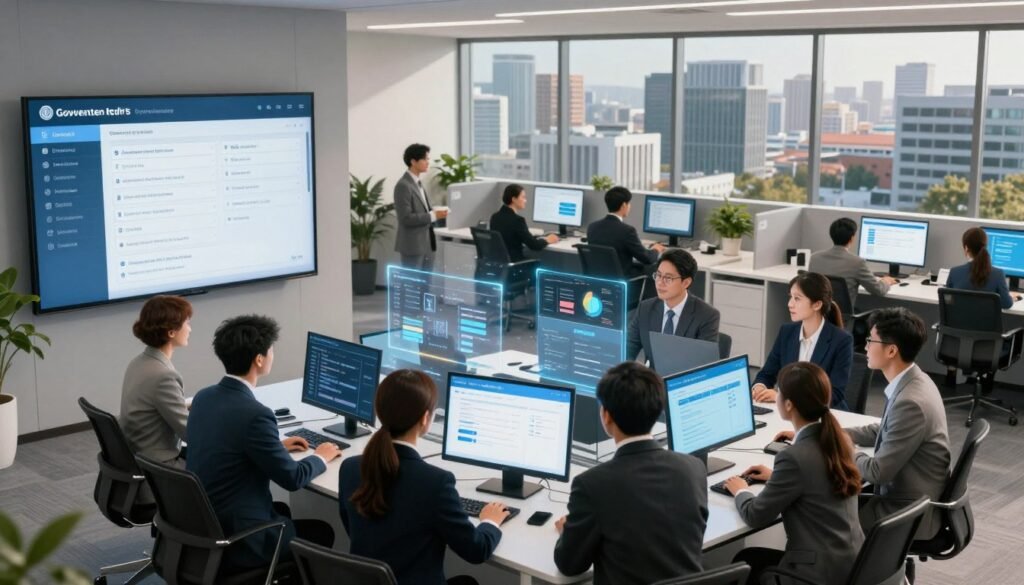A modern government office scene illustrating digital transformation in public services. In the foreground, a diverse group of professionals in business attire collaborates around a sleek, high-tech digital interface displaying government services on a large screen. In the middle, a contemporary office environment features digital workstations, active discussions, and holographic displays showcasing various services like online applications and e-resources. The background portrays a panoramic view of a cityscape with modern architecture, symbolizing progress and innovation. Soft, warm lighting enhances the atmosphere, conveying a sense of efficiency and optimism. The angle is slightly elevated, providing a broad overview of the collaborative space while focusing on the futuristic technology being utilized. A modern government office scene illustrating digital transformation in public services. In the foreground, a diverse group of professionals in business attire collaborates around a sleek, high-tech digital interface displaying government services on a large screen. In the middle, a contemporary office environment features digital workstations, active discussions, and holographic displays showcasing various services like online applications and e-resources. The background portrays a panoramic view of a cityscape with modern architecture, symbolizing progress and innovation. Soft, warm lighting enhances the atmosphere, conveying a sense of efficiency and optimism. The angle is slightly elevated, providing a broad overview of the collaborative space while focusing on the futuristic technology being utilized.