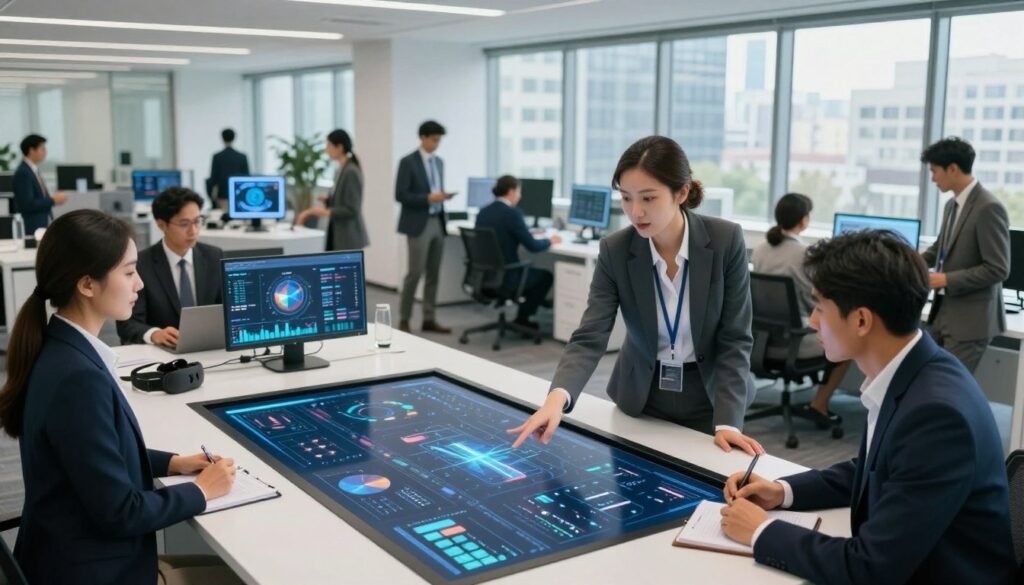 A modern government office setting bustling with activity, showcasing a diverse team of professionals in business attire collaborating around a large touchscreen table covered with digital graphs and data analytics. In the foreground, a focused female project manager points at the screen, while a male data analyst takes notes. In the middle ground, an open-plan layout features collaborative workspaces with futuristic technology like digital displays and virtual reality headsets. The background includes large windows with a cityscape view, enhancing the atmosphere of a progressive, urban environment. Bright, natural lighting floods the room, giving it an innovative and welcoming feel, while a sense of dynamism and efficiency is conveyed through the team's engaged interactions. A modern government office setting bustling with activity, showcasing a diverse team of professionals in business attire collaborating around a large touchscreen table covered with digital graphs and data analytics. In the foreground, a focused female project manager points at the screen, while a male data analyst takes notes. In the middle ground, an open-plan layout features collaborative workspaces with futuristic technology like digital displays and virtual reality headsets. The background includes large windows with a cityscape view, enhancing the atmosphere of a progressive, urban environment. Bright, natural lighting floods the room, giving it an innovative and welcoming feel, while a sense of dynamism and efficiency is conveyed through the team's engaged interactions.
