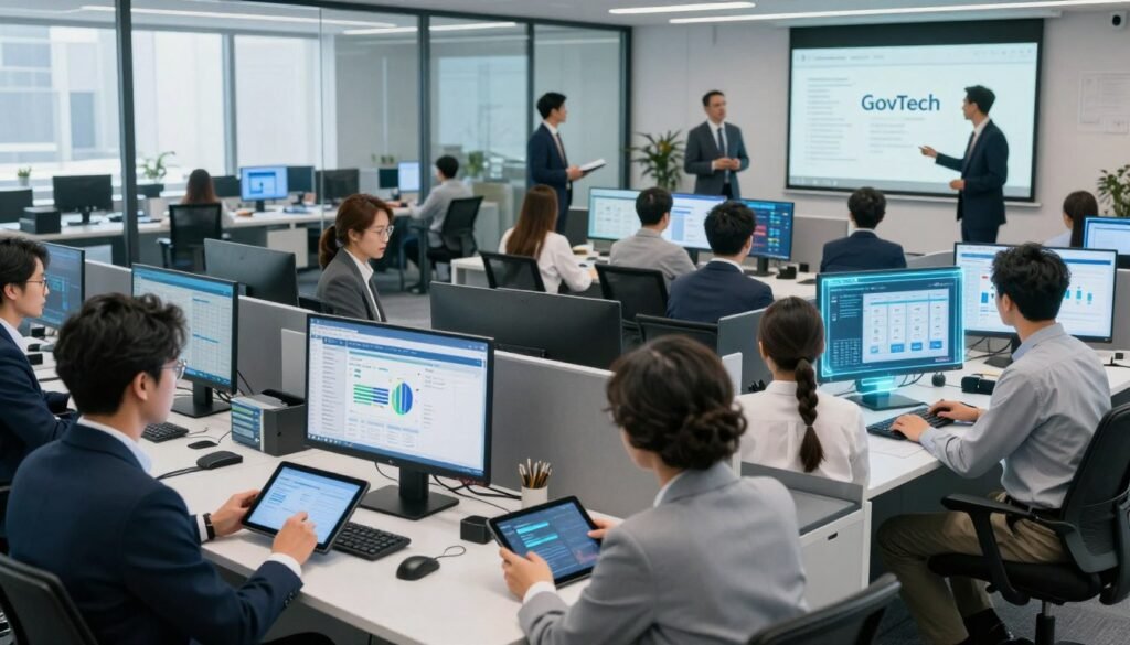 A modern government office showcasing "government operations automation" in action. In the foreground, a diverse group of professionals in smart business attire, engaged with advanced digital tablets and screens displaying data analytics and workflow automations. In the middle ground, sleek workstations feature holographic displays of charts and schedules, symbolizing efficiency and modernization. The background features a glass-walled conference room where a presentation on GovTech innovations is taking place, with professionals collaborating and brainstorming. Soft, natural lighting from large windows creates an inviting, productive environment. The atmosphere reflects a sense of drive and innovation, emphasizing transformation and agility within government operations. Use a slightly elevated angle to capture the dynamic interactions and modern workspace design. A modern government office showcasing "government operations automation" in action. In the foreground, a diverse group of professionals in smart business attire, engaged with advanced digital tablets and screens displaying data analytics and workflow automations. In the middle ground, sleek workstations feature holographic displays of charts and schedules, symbolizing efficiency and modernization. The background features a glass-walled conference room where a presentation on GovTech innovations is taking place, with professionals collaborating and brainstorming. Soft, natural lighting from large windows creates an inviting, productive environment. The atmosphere reflects a sense of drive and innovation, emphasizing transformation and agility within government operations. Use a slightly elevated angle to capture the dynamic interactions and modern workspace design.