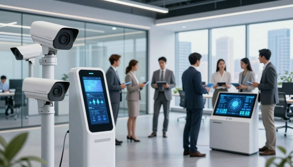 A modern integrated security system, prominently featured in the foreground, includes advanced surveillance cameras, biometric scanners, and a digital control panel with interactive displays. In the middle ground, illustrate a diverse group of professionals—men and women in business attire—engaging in a collaborative discussion, looking at security data on tablets. The background shows a sleek, high-tech office space with glass walls, displaying a city skyline through large windows, illuminated by soft, ambient lighting. Capture a sense of innovation and community involvement, with bright colors and a clear focus on the security technology, all while maintaining a professional atmosphere. Use a wide-angle lens for depth, creating a dynamic yet harmonious composition. A modern integrated security system, prominently featured in the foreground, includes advanced surveillance cameras, biometric scanners, and a digital control panel with interactive displays. In the middle ground, illustrate a diverse group of professionals—men and women in business attire—engaging in a collaborative discussion, looking at security data on tablets. The background shows a sleek, high-tech office space with glass walls, displaying a city skyline through large windows, illuminated by soft, ambient lighting. Capture a sense of innovation and community involvement, with bright colors and a clear focus on the security technology, all while maintaining a professional atmosphere. Use a wide-angle lens for depth, creating a dynamic yet harmonious composition.
