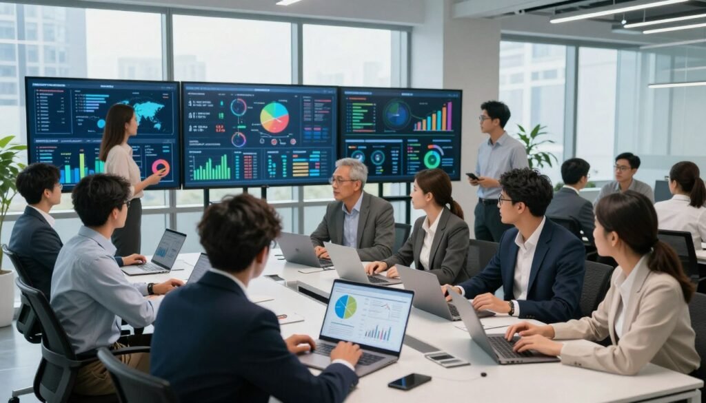 A modern office environment filled with data analysis activity, featuring professionals in business attire gathered around a large conference table. In the foreground, a diverse group of analysts discuss detailed charts and graphs displayed on laptops and digital screens, showcasing successful case studies. The middle layer includes large transparent screens showing colorful data visualizations and infographics, symbolizing real-world examples of data analysis. In the background, large windows provide natural light, creating a bright atmosphere with city views. The mood is collaborative and focused, emphasizing teamwork and analytical thinking. Use a wide-angle lens to capture the entire scene, with good depth of field highlighting both the team and the data they are analyzing. A modern office environment filled with data analysis activity, featuring professionals in business attire gathered around a large conference table. In the foreground, a diverse group of analysts discuss detailed charts and graphs displayed on laptops and digital screens, showcasing successful case studies. The middle layer includes large transparent screens showing colorful data visualizations and infographics, symbolizing real-world examples of data analysis. In the background, large windows provide natural light, creating a bright atmosphere with city views. The mood is collaborative and focused, emphasizing teamwork and analytical thinking. Use a wide-angle lens to capture the entire scene, with good depth of field highlighting both the team and the data they are analyzing.