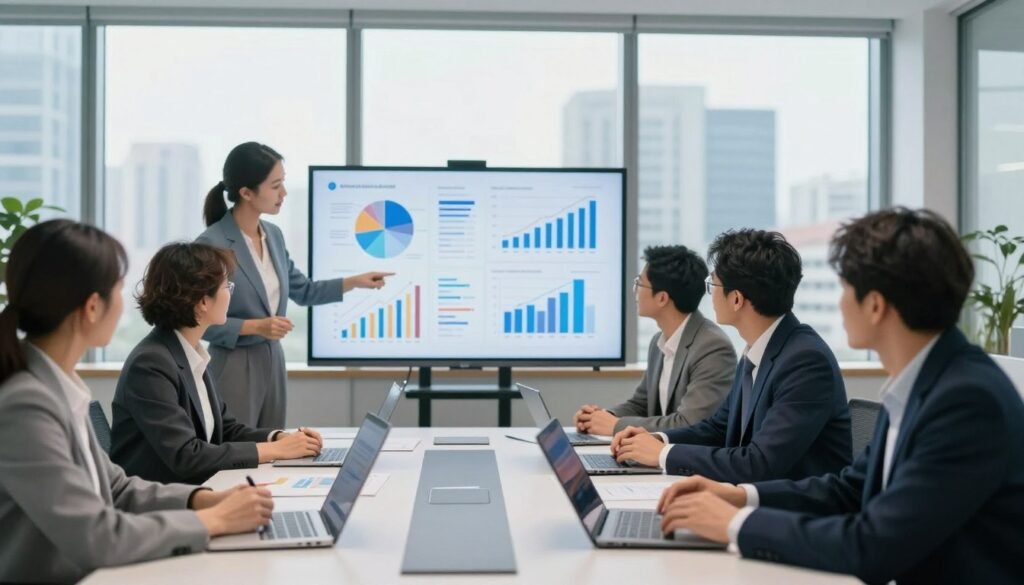 A modern office environment illustrating effective support and improvement strategies in organizations. In the foreground, a diverse group of professional individuals, dressed in business attire, engaged in a dynamic brainstorming session around a sleek conference table filled with charts and digital devices. The middle ground features visual elements like graphs and infographics on a large screen, symbolizing data-driven decision-making. In the background, large windows offering a view of a city skyline bathed in soft, natural light, creating a bright and inspiring atmosphere. The overall mood is focused and collaborative, emphasizing empowerment and innovation within public service quality enhancement. The image is captured with a slight depth of field to highlight the foreground activity while keeping the background engaged yet less prominent. A modern office environment illustrating effective support and improvement strategies in organizations. In the foreground, a diverse group of professional individuals, dressed in business attire, engaged in a dynamic brainstorming session around a sleek conference table filled with charts and digital devices. The middle ground features visual elements like graphs and infographics on a large screen, symbolizing data-driven decision-making. In the background, large windows offering a view of a city skyline bathed in soft, natural light, creating a bright and inspiring atmosphere. The overall mood is focused and collaborative, emphasizing empowerment and innovation within public service quality enhancement. The image is captured with a slight depth of field to highlight the foreground activity while keeping the background engaged yet less prominent.
