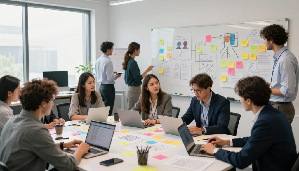 A modern office environment showcasing a diverse group of professionals engaged in a dynamic design thinking workshop. In the foreground, a mix of individuals in professional business attire collaborate around a large table strewn with colorful sticky notes, sketches, and digital devices. The middle ground features a vibrant whiteboard filled with diagrams and post-it notes reflecting innovative ideas and brainstorming sessions. In the background, large windows allow natural light to flood the space, illuminating the energetic atmosphere. The overall mood is collaborative and inspiring, emphasizing teamwork and creativity. The scene captures a sense of movement and urgency, highlighting the impact of design thinking in organizations. Use a wide-angle lens for a comprehensive view, with a soft focus on the background to draw attention to the professionals at work. A modern office environment showcasing a diverse group of professionals engaged in a dynamic design thinking workshop. In the foreground, a mix of individuals in professional business attire collaborate around a large table strewn with colorful sticky notes, sketches, and digital devices. The middle ground features a vibrant whiteboard filled with diagrams and post-it notes reflecting innovative ideas and brainstorming sessions. In the background, large windows allow natural light to flood the space, illuminating the energetic atmosphere. The overall mood is collaborative and inspiring, emphasizing teamwork and creativity. The scene captures a sense of movement and urgency, highlighting the impact of design thinking in organizations. Use a wide-angle lens for a comprehensive view, with a soft focus on the background to draw attention to the professionals at work.