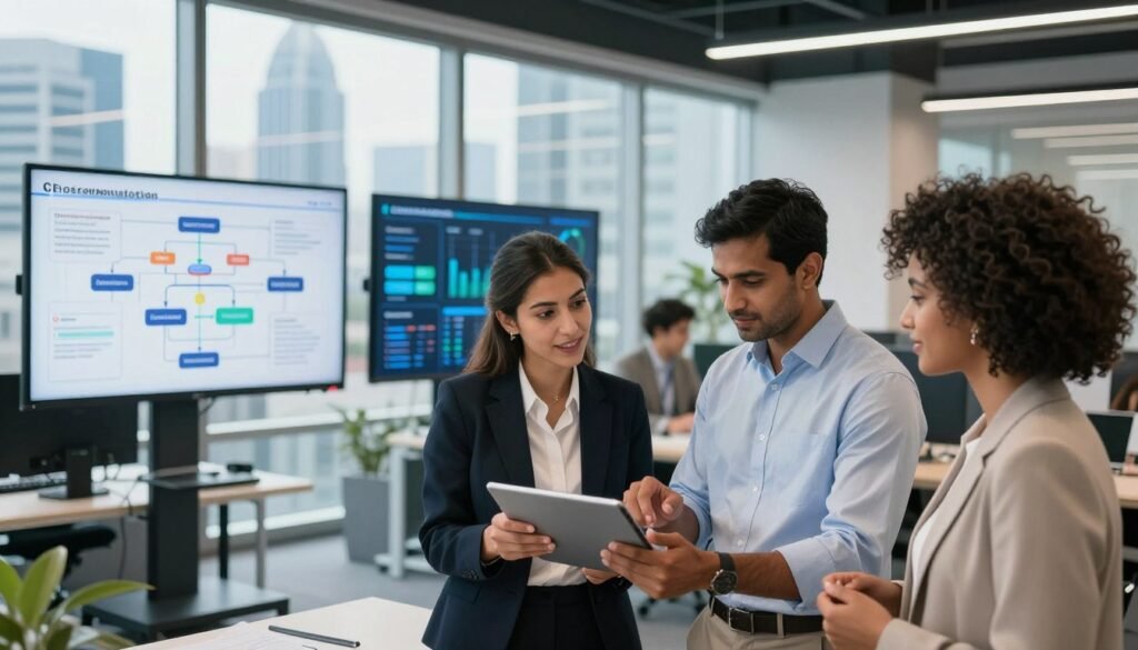 A modern office environment showcasing a diverse team of professionals collaborating on electronic government project strategies. In the foreground, a group of three individuals—one Middle-Eastern woman in a business suit, one South Asian man in a smart casual shirt, and one Black woman in business attire—are engaged in a lively discussion over a digital tablet. In the middle ground, large screens display flowcharts and data analytics related to e-government solutions. The background features large windows with a view of a futuristic city skyline under bright daylight, enhancing the image's vibrant atmosphere. Soft lighting illuminates the scene, creating a professional yet inspiring mood. The angle is slightly elevated, providing a comprehensive perspective of the teamwork in progress, emphasizing innovation and cooperation in electronic governance. A modern office environment showcasing a diverse team of professionals collaborating on electronic government project strategies. In the foreground, a group of three individuals—one Middle-Eastern woman in a business suit, one South Asian man in a smart casual shirt, and one Black woman in business attire—are engaged in a lively discussion over a digital tablet. In the middle ground, large screens display flowcharts and data analytics related to e-government solutions. The background features large windows with a view of a futuristic city skyline under bright daylight, enhancing the image's vibrant atmosphere. Soft lighting illuminates the scene, creating a professional yet inspiring mood. The angle is slightly elevated, providing a comprehensive perspective of the teamwork in progress, emphasizing innovation and cooperation in electronic governance.