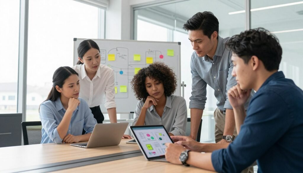 A modern office environment showcasing a diverse team of professionals engaged in collaboration. In the foreground, a group of four individuals—two men and two women of different ethnic backgrounds—are gathered around a stylish conference table, each looking thoughtfully at a digital tablet displaying a project plan. The middle layer features a large whiteboard filled with colorful diagrams and post-it notes, illustrating brainstorming ideas. In the background, soft natural light floods through floor-to-ceiling windows, enhancing a bright and optimistic atmosphere. The lens should capture this scene from a slightly elevated angle, creating depth and focus on the team's interaction. The mood is one of enthusiasm and teamwork, embodying effective group collaboration. A modern office environment showcasing a diverse team of professionals engaged in collaboration. In the foreground, a group of four individuals—two men and two women of different ethnic backgrounds—are gathered around a stylish conference table, each looking thoughtfully at a digital tablet displaying a project plan. The middle layer features a large whiteboard filled with colorful diagrams and post-it notes, illustrating brainstorming ideas. In the background, soft natural light floods through floor-to-ceiling windows, enhancing a bright and optimistic atmosphere. The lens should capture this scene from a slightly elevated angle, creating depth and focus on the team's interaction. The mood is one of enthusiasm and teamwork, embodying effective group collaboration.