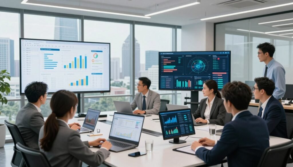 A modern office environment showcasing advanced public administration techniques. In the foreground, a diverse group of professionals in business attire collaborates around a sleek conference table with digital devices displaying graphs and data analytics. The middle ground features large screens illustrating project management software and virtual collaboration tools, emphasizing efficiency and connectivity. The background reveals a futuristic city skyline through large windows, symbolizing growth and innovation. Bright, natural light floods the room, creating a productive atmosphere. The camera angle is a wide shot, capturing both the teamwork and the technological advancements in public administration. The overall mood is dynamic, optimistic, and focused on progress. A modern office environment showcasing advanced public administration techniques. In the foreground, a diverse group of professionals in business attire collaborates around a sleek conference table with digital devices displaying graphs and data analytics. The middle ground features large screens illustrating project management software and virtual collaboration tools, emphasizing efficiency and connectivity. The background reveals a futuristic city skyline through large windows, symbolizing growth and innovation. Bright, natural light floods the room, creating a productive atmosphere. The camera angle is a wide shot, capturing both the teamwork and the technological advancements in public administration. The overall mood is dynamic, optimistic, and focused on progress.