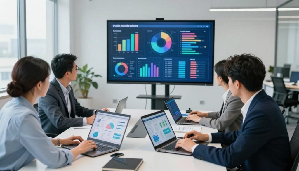A modern office environment showcasing data analysis and statistics related to public services. In the foreground, a diverse group of three professionals—two men and one woman—are focused on analyzing complex charts and graphs on laptops and a large digital screen displaying colorful infographics. They are dressed in professional business attire, reflecting a collaborative atmosphere. The middle ground features a sleek conference table surrounded by analytical tools, like tablets and data visualization software. In the background, large windows allow natural light to flood the space, creating a bright and engaging setting. The overall mood is one of productivity and innovation, emphasizing the importance of data-driven decision-making in enhancing public service quality. A modern office environment showcasing data analysis and statistics related to public services. In the foreground, a diverse group of three professionals—two men and one woman—are focused on analyzing complex charts and graphs on laptops and a large digital screen displaying colorful infographics. They are dressed in professional business attire, reflecting a collaborative atmosphere. The middle ground features a sleek conference table surrounded by analytical tools, like tablets and data visualization software. In the background, large windows allow natural light to flood the space, creating a bright and engaging setting. The overall mood is one of productivity and innovation, emphasizing the importance of data-driven decision-making in enhancing public service quality.