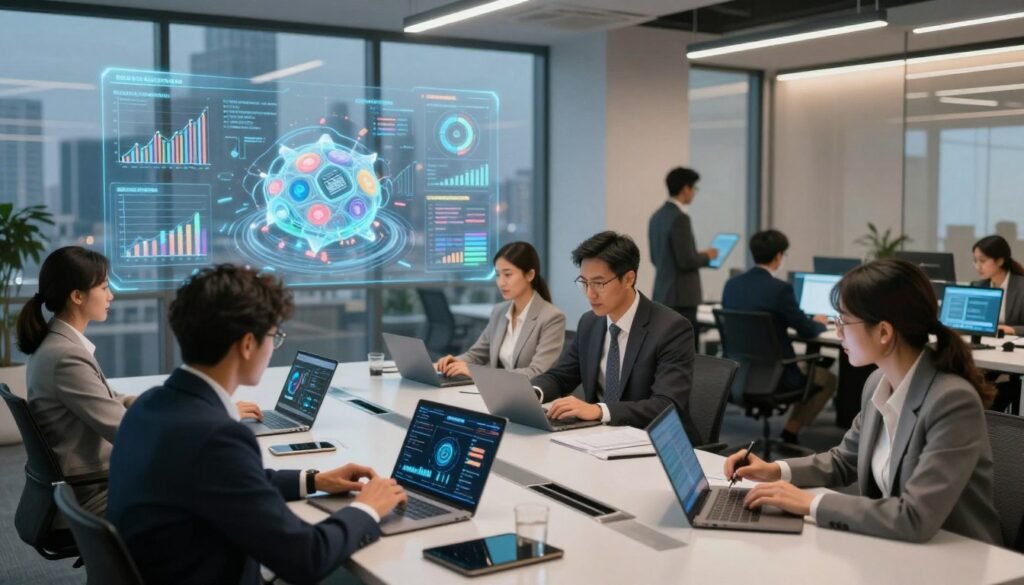 A modern office environment showcasing digital transformation across various sectors. In the foreground, a diverse group of professionals in business attire collaborate at a sleek conference table, analyzing data on digital devices. In the middle ground, holographic displays project graphs and 3D models representing healthcare, finance, and education sectors, emphasizing their digital advancements. The background features large windows with a city skyline, symbolizing connectivity and growth. Soft, ambient lighting creates a dynamic and innovative atmosphere, highlighting the transformative impact of technology. The angle is slightly elevated, providing a comprehensive view of the collaborative environment, with warm tones enhancing a sense of progress and optimism. A modern office environment showcasing digital transformation across various sectors. In the foreground, a diverse group of professionals in business attire collaborate at a sleek conference table, analyzing data on digital devices. In the middle ground, holographic displays project graphs and 3D models representing healthcare, finance, and education sectors, emphasizing their digital advancements. The background features large windows with a city skyline, symbolizing connectivity and growth. Soft, ambient lighting creates a dynamic and innovative atmosphere, highlighting the transformative impact of technology. The angle is slightly elevated, providing a comprehensive view of the collaborative environment, with warm tones enhancing a sense of progress and optimism.