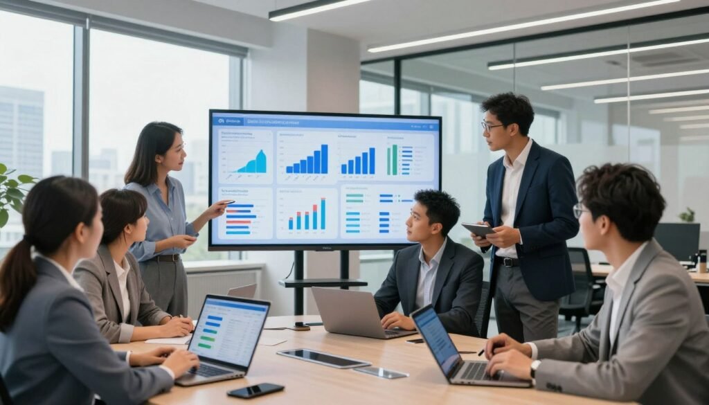 A modern office environment showcasing digital transformation projects in the public sector. In the foreground, a diverse group of professionals in business attire discusses digital solutions, surrounded by high-tech gadgets like tablets and laptops. In the middle, a large interactive screen displays data analytics and project management graphs. The background reveals a sleek, contemporary office space with large windows letting in natural light, highlighting an urban skyline. The atmosphere is one of collaboration and innovation, with a sense of urgency and excitement about embracing technology for improved public services. The lighting is bright and inviting, emphasizing a progressive and dynamic work culture. Capture this scene with a slight angle to convey depth and engagement. A modern office environment showcasing digital transformation projects in the public sector. In the foreground, a diverse group of professionals in business attire discusses digital solutions, surrounded by high-tech gadgets like tablets and laptops. In the middle, a large interactive screen displays data analytics and project management graphs. The background reveals a sleek, contemporary office space with large windows letting in natural light, highlighting an urban skyline. The atmosphere is one of collaboration and innovation, with a sense of urgency and excitement about embracing technology for improved public services. The lighting is bright and inviting, emphasizing a progressive and dynamic work culture. Capture this scene with a slight angle to convey depth and engagement.
