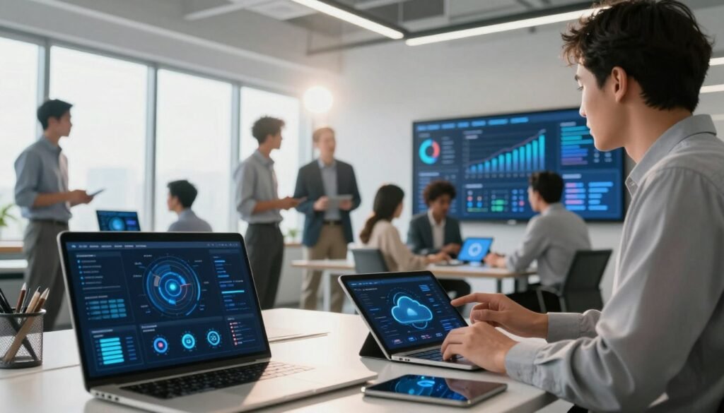 A modern office environment showcasing various digital transformation tools and techniques. Foreground: a sleek laptop displaying data analytics on its screen and a tablet showcasing cloud technology. Middle ground: a diverse group of professionals in smart business attire engaged in discussion around a digital dashboard, analyzing trends and strategies. Background: a bright, collaborative workspace with large windows letting in natural light, featuring digital whiteboards, charts, and futuristic gadgets. Soft lighting enhances the atmosphere of innovation and productivity, while a lens flare adds a touch of dynamism. The overall mood is one of progress and collaboration in the realm of digital transformation. A modern office environment showcasing various digital transformation tools and techniques. Foreground: a sleek laptop displaying data analytics on its screen and a tablet showcasing cloud technology. Middle ground: a diverse group of professionals in smart business attire engaged in discussion around a digital dashboard, analyzing trends and strategies. Background: a bright, collaborative workspace with large windows letting in natural light, featuring digital whiteboards, charts, and futuristic gadgets. Soft lighting enhances the atmosphere of innovation and productivity, while a lens flare adds a touch of dynamism. The overall mood is one of progress and collaboration in the realm of digital transformation.