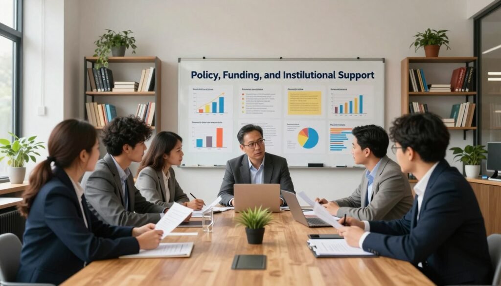 A modern office environment symbolizing "Policy, Funding, and Institutional Support" in social innovation. In the foreground, a diverse group of professionals in business attire collaborate around a large wooden table, engaged in discussion and reviewing documents. The middle ground features a large whiteboard filled with colorful charts and graphs, representing funding solutions and policy strategies. The background includes shelves with books on social innovation, along with plants adding a touch of greenery. Soft, natural light filters through large windows, creating a warm and encouraging atmosphere. The overall mood is one of collaboration, determination, and optimism, illustrating the foundation of effective institutional support for social change, captured with a wide-angle lens to emphasize openness and teamwork. A modern office environment symbolizing "Policy, Funding, and Institutional Support" in social innovation. In the foreground, a diverse group of professionals in business attire collaborate around a large wooden table, engaged in discussion and reviewing documents. The middle ground features a large whiteboard filled with colorful charts and graphs, representing funding solutions and policy strategies. The background includes shelves with books on social innovation, along with plants adding a touch of greenery. Soft, natural light filters through large windows, creating a warm and encouraging atmosphere. The overall mood is one of collaboration, determination, and optimism, illustrating the foundation of effective institutional support for social change, captured with a wide-angle lens to emphasize openness and teamwork.