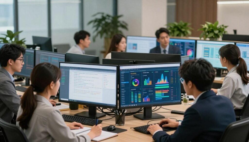 A modern office environment with a professional, diverse group of individuals attentively monitoring government updates on large screens displaying graphs and notifications. In the foreground, a focused woman in business attire is taking notes while a man in a suit discusses recent announcements. The middle view highlights multiple screens showing data analytics related to government services, with colorful visuals indicating real-time updates. The background features contemporary office design with plants and soft lighting, creating an inviting atmosphere. The overall mood is one of engagement and informiveness, with a lens capturing the moment from a slightly elevated angle to emphasize teamwork and focus on tracking updates efficiently. A modern office environment with a professional, diverse group of individuals attentively monitoring government updates on large screens displaying graphs and notifications. In the foreground, a focused woman in business attire is taking notes while a man in a suit discusses recent announcements. The middle view highlights multiple screens showing data analytics related to government services, with colorful visuals indicating real-time updates. The background features contemporary office design with plants and soft lighting, creating an inviting atmosphere. The overall mood is one of engagement and informiveness, with a lens capturing the moment from a slightly elevated angle to emphasize teamwork and focus on tracking updates efficiently.