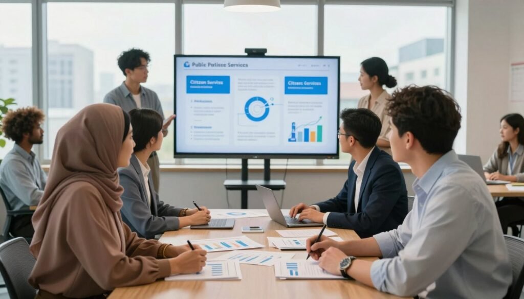 A modern office setting depicting a diverse group of professionals engaged in a collaborative meeting about public services. In the foreground, two individuals, a woman of Middle-Eastern descent and a man of Caucasian descent, are discussing over a table filled with charts and documents. The middle layer features a large digital screen displaying infographics related to citizen services, surrounded by supportive team members. The background presents a large window with city views, allowing natural light to flood the room, enhancing a bright and inspiring atmosphere. The composition captures a sense of professionalism and teamwork, emphasizing the importance of citizen services. The lighting is warm and inviting, creating a positive and engaging environment. The image should convey a mood of motivation and purpose without any text or distractions. A modern office setting depicting a diverse group of professionals engaged in a collaborative meeting about public services. In the foreground, two individuals, a woman of Middle-Eastern descent and a man of Caucasian descent, are discussing over a table filled with charts and documents. The middle layer features a large digital screen displaying infographics related to citizen services, surrounded by supportive team members. The background presents a large window with city views, allowing natural light to flood the room, enhancing a bright and inspiring atmosphere. The composition captures a sense of professionalism and teamwork, emphasizing the importance of citizen services. The lighting is warm and inviting, creating a positive and engaging environment. The image should convey a mood of motivation and purpose without any text or distractions.