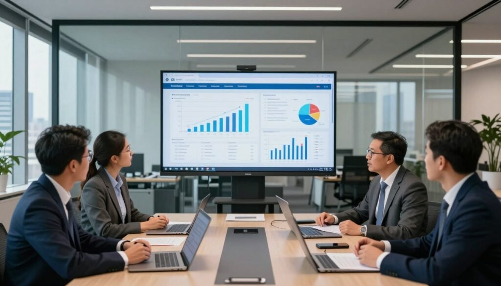 A modern office setting showcasing a collaborative environment for government officials analyzing case studies on digital treasury systems. In the foreground, a diverse group of three professionals, dressed in formal business attire, engage in deep discussion around a large conference table covered with digital devices and documents. The middle layer features a large screen displaying graphs and data relevant to federal finance operations, accompanied by charts illustrating successful implementations. The background reveals a sleek, contemporary office space with large windows showing a city skyline, illuminated by natural light. The atmosphere is focused and dynamic, emphasizing innovation and collaboration in government transformation. A modern office setting showcasing a collaborative environment for government officials analyzing case studies on digital treasury systems. In the foreground, a diverse group of three professionals, dressed in formal business attire, engage in deep discussion around a large conference table covered with digital devices and documents. The middle layer features a large screen displaying graphs and data relevant to federal finance operations, accompanied by charts illustrating successful implementations. The background reveals a sleek, contemporary office space with large windows showing a city skyline, illuminated by natural light. The atmosphere is focused and dynamic, emphasizing innovation and collaboration in government transformation.