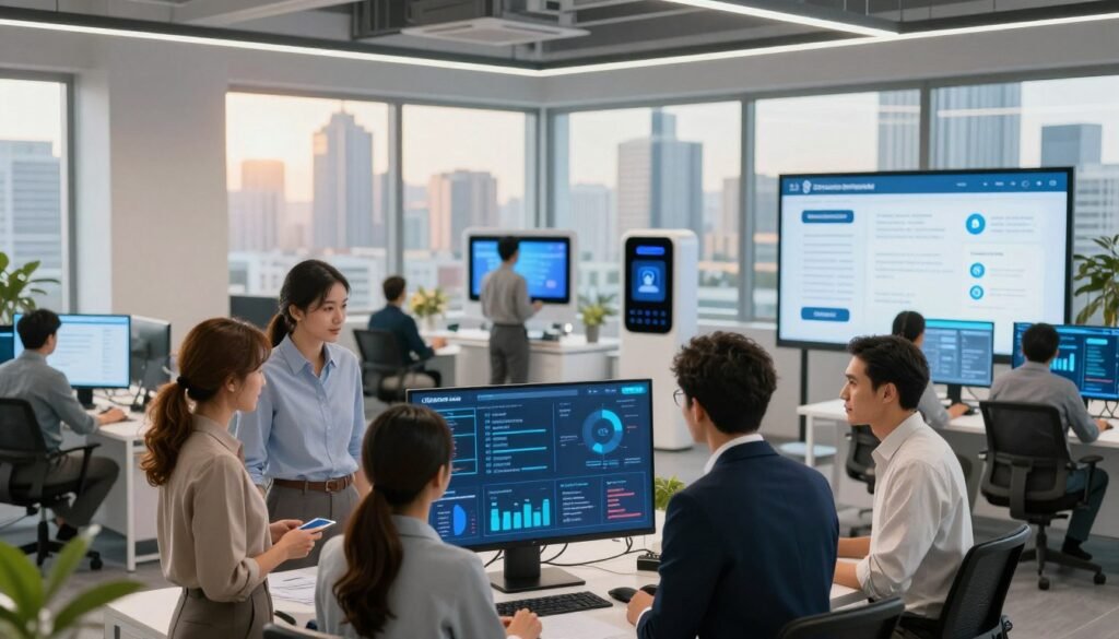 A modern office setting showcasing advanced technology in public services. In the foreground, a diverse group of professionals, including men and women of various ethnicities, dressed in professional attire, collaborates around a high-tech digital display showing data analytics and service solutions. In the middle ground, smart devices and interactive screens illustrate innovative applications for community engagement, such as apps for reporting issues or accessing services. The background features a sleek city skyline visible through large windows, bathed in warm, natural light, emphasizing a progressive, optimistic atmosphere. Use a wide-angle lens to capture the depth of the workspace, enhancing the theme of innovation and quality in public service solutions while maintaining a clean and vibrant aesthetic. A modern office setting showcasing advanced technology in public services. In the foreground, a diverse group of professionals, including men and women of various ethnicities, dressed in professional attire, collaborates around a high-tech digital display showing data analytics and service solutions. In the middle ground, smart devices and interactive screens illustrate innovative applications for community engagement, such as apps for reporting issues or accessing services. The background features a sleek city skyline visible through large windows, bathed in warm, natural light, emphasizing a progressive, optimistic atmosphere. Use a wide-angle lens to capture the depth of the workspace, enhancing the theme of innovation and quality in public service solutions while maintaining a clean and vibrant aesthetic.