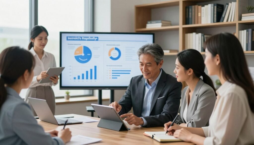 A modern office setting with a diverse group of professionals collaborating on strategies to enhance service quality. In the foreground, a middle-aged man in a business suit points at a digital tablet, while a young woman in a smart dress takes notes. In the middle, a large screen displays graphs and infographics related to service improvements. Soft, natural light streams through large windows, creating a bright and optimistic atmosphere. The background features shelves lined with books on management and quality assurance, emphasizing a scholarly approach. The overall mood conveys teamwork, innovation, and professionalism, inviting viewers to reflect on effective service quality improvement strategies in a government context. A modern office setting with a diverse group of professionals collaborating on strategies to enhance service quality. In the foreground, a middle-aged man in a business suit points at a digital tablet, while a young woman in a smart dress takes notes. In the middle, a large screen displays graphs and infographics related to service improvements. Soft, natural light streams through large windows, creating a bright and optimistic atmosphere. The background features shelves lined with books on management and quality assurance, emphasizing a scholarly approach. The overall mood conveys teamwork, innovation, and professionalism, inviting viewers to reflect on effective service quality improvement strategies in a government context.