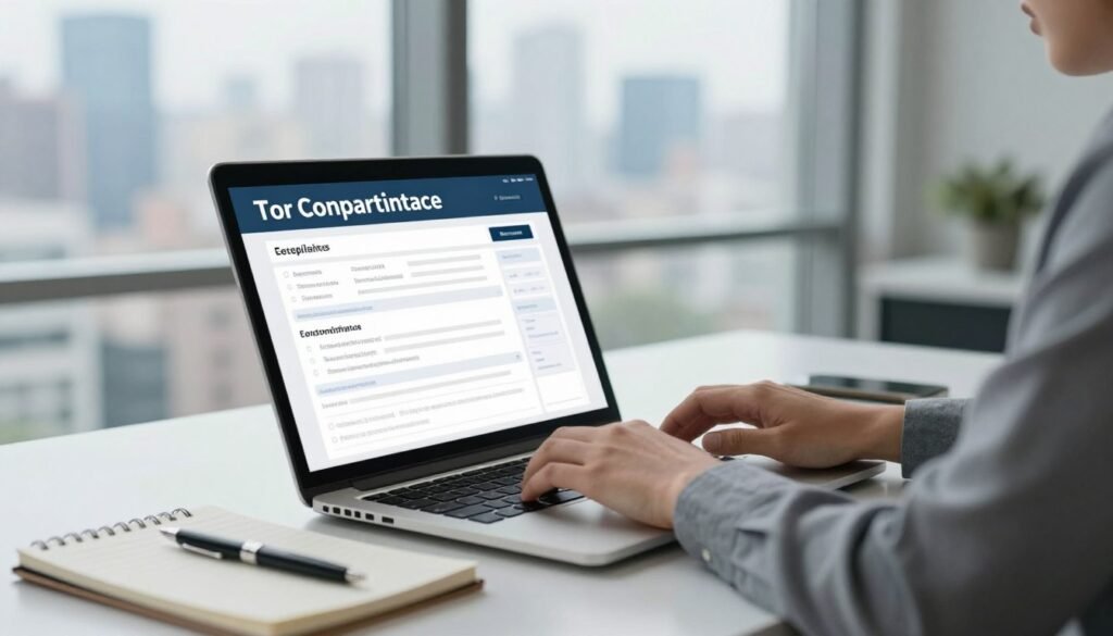 A modern office setting with a professional individual sitting at a sleek desk, focused on a laptop screen. The foreground shows a close-up of their hands typing, showcasing fingers poised over the keyboard, with a digital complaint form illuminated on the screen. In the middle, a clear view of the desk, decorated with a notepad, a pen, and a smartphone displaying notification alerts. In the background, a large window reveals a city skyline, drenched in soft, natural light, creating an inviting and productive atmosphere. The overall mood is one of vigilance and empowerment, illustrating the ease and efficiency of submitting complaints through online platforms. The scene is well-lit, using a soft focus lens effect to draw attention to the task at hand without any distractions. A modern office setting with a professional individual sitting at a sleek desk, focused on a laptop screen. The foreground shows a close-up of their hands typing, showcasing fingers poised over the keyboard, with a digital complaint form illuminated on the screen. In the middle, a clear view of the desk, decorated with a notepad, a pen, and a smartphone displaying notification alerts. In the background, a large window reveals a city skyline, drenched in soft, natural light, creating an inviting and productive atmosphere. The overall mood is one of vigilance and empowerment, illustrating the ease and efficiency of submitting complaints through online platforms. The scene is well-lit, using a soft focus lens effect to draw attention to the task at hand without any distractions.