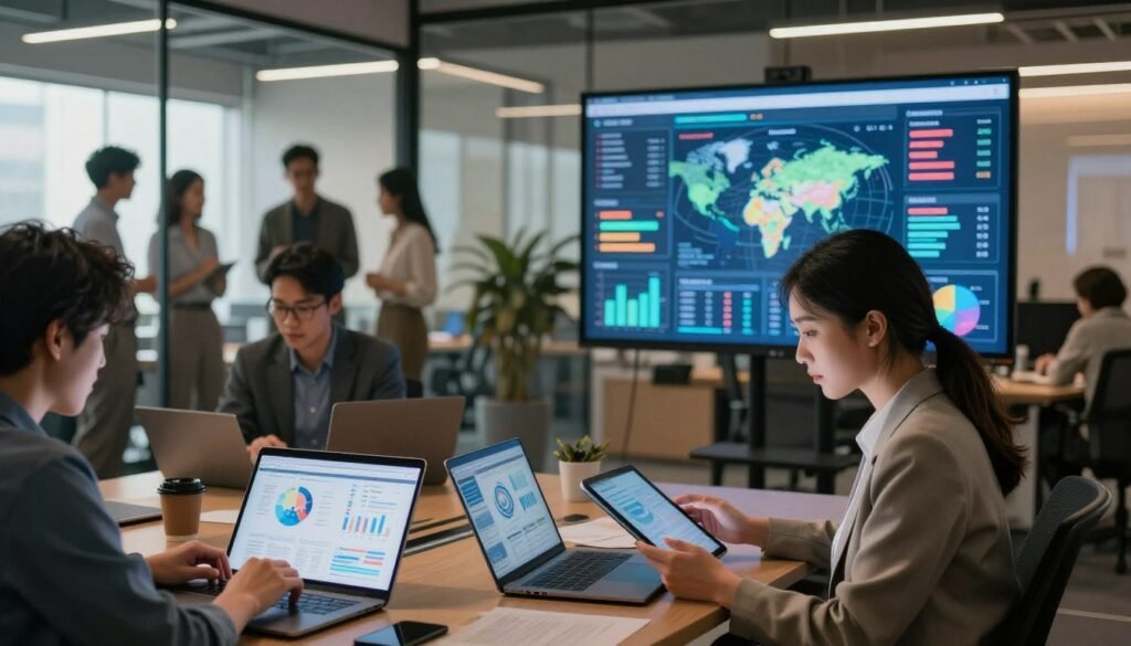 A modern office space filled with diverse professionals collaborating over digital devices and large screens displaying vibrant data visualizations and marketing analytics. In the foreground, a young woman in business attire focuses intently on a tablet, while a man reviews graphs on a laptop beside her. In the middle, a large interactive screen showcases colorful data charts and maps illustrating positive social impact metrics. The background features a glass-walled conference area where a diverse group brainstorms, their silhouettes illuminated by ambient natural light. The atmosphere is energetic and innovative, reflecting a commitment to leveraging technology for meaningful change. Use soft, warm lighting to enhance a collaborative mood, captured with a slightly lower eye-level angle for an engaging perspective. A modern office space filled with diverse professionals collaborating over digital devices and large screens displaying vibrant data visualizations and marketing analytics. In the foreground, a young woman in business attire focuses intently on a tablet, while a man reviews graphs on a laptop beside her. In the middle, a large interactive screen showcases colorful data charts and maps illustrating positive social impact metrics. The background features a glass-walled conference area where a diverse group brainstorms, their silhouettes illuminated by ambient natural light. The atmosphere is energetic and innovative, reflecting a commitment to leveraging technology for meaningful change. Use soft, warm lighting to enhance a collaborative mood, captured with a slightly lower eye-level angle for an engaging perspective.