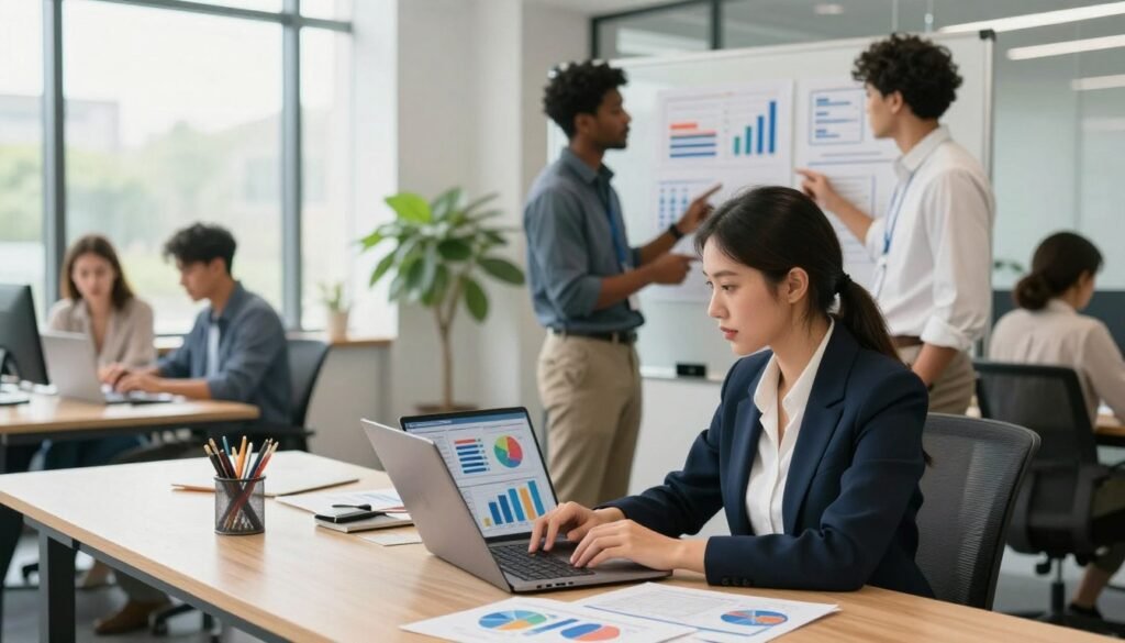 A modern office workspace showcasing a diverse group of professionals collaborating on digital marketing strategies. In the foreground, a focused woman in smart business attire is analyzing data on a laptop, surrounded by digital marketing materials like charts and graphs. In the middle ground, two professionals discuss a strategy while pointing at a digital whiteboard filled with marketing ideas and diagrams. The background features a bright, sunlit office with large windows and greenery, conveying an open, productive atmosphere. Soft lighting highlights the busy yet harmonious environment, evoking a sense of innovation and growth. The image should be vibrant, with a professional, inspiring mood, emphasizing teamwork and success in digital marketing. A modern office workspace showcasing a diverse group of professionals collaborating on digital marketing strategies. In the foreground, a focused woman in smart business attire is analyzing data on a laptop, surrounded by digital marketing materials like charts and graphs. In the middle ground, two professionals discuss a strategy while pointing at a digital whiteboard filled with marketing ideas and diagrams. The background features a bright, sunlit office with large windows and greenery, conveying an open, productive atmosphere. Soft lighting highlights the busy yet harmonious environment, evoking a sense of innovation and growth. The image should be vibrant, with a professional, inspiring mood, emphasizing teamwork and success in digital marketing.