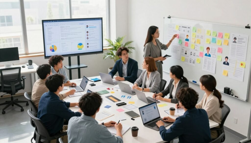 A modern office workspace showcasing user research techniques. In the foreground, a diverse group of professionals, dressed in smart casual attire, are engaged in a brainstorming session, surrounded by various user research tools like sticky notes, user personas, and a large whiteboard filled with insights. In the middle ground, a large screen displays data visualizations and user feedback summaries, while a neatly organized table is covered in laptops and design materials. The background features a bright, airy room with large windows allowing natural light to flood in, highlighting the collaborative atmosphere. The mood is focused and creative, emphasizing teamwork and innovation in UX design. The image is captured from a slight overhead angle to provide a comprehensive view of the activities and tools involved. A modern office workspace showcasing user research techniques. In the foreground, a diverse group of professionals, dressed in smart casual attire, are engaged in a brainstorming session, surrounded by various user research tools like sticky notes, user personas, and a large whiteboard filled with insights. In the middle ground, a large screen displays data visualizations and user feedback summaries, while a neatly organized table is covered in laptops and design materials. The background features a bright, airy room with large windows allowing natural light to flood in, highlighting the collaborative atmosphere. The mood is focused and creative, emphasizing teamwork and innovation in UX design. The image is captured from a slight overhead angle to provide a comprehensive view of the activities and tools involved.