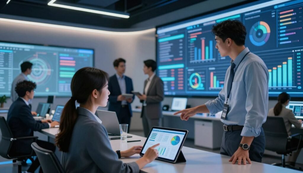 A modern, sleek digital services representation showcasing a vibrant control center filled with diverse professionals in business attire, engaged in analyzing data on large interactive screens. The foreground features a focused female analyst reviewing digital charts on a tablet, while a male colleague points to dynamic graphs projected on a screen. In the middle ground, additional team members are collaborating in an open space, discussing strategic tech applications. The background includes high-tech digital displays and ambient lighting that casts a soft glow, creating an atmosphere of innovation and collaboration. The scene is captured from a low angle, emphasizing the professionals' interactions and the technological environment, conveying a mood of efficiency and transparency in public services. A modern, sleek digital services representation showcasing a vibrant control center filled with diverse professionals in business attire, engaged in analyzing data on large interactive screens. The foreground features a focused female analyst reviewing digital charts on a tablet, while a male colleague points to dynamic graphs projected on a screen. In the middle ground, additional team members are collaborating in an open space, discussing strategic tech applications. The background includes high-tech digital displays and ambient lighting that casts a soft glow, creating an atmosphere of innovation and collaboration. The scene is captured from a low angle, emphasizing the professionals' interactions and the technological environment, conveying a mood of efficiency and transparency in public services.