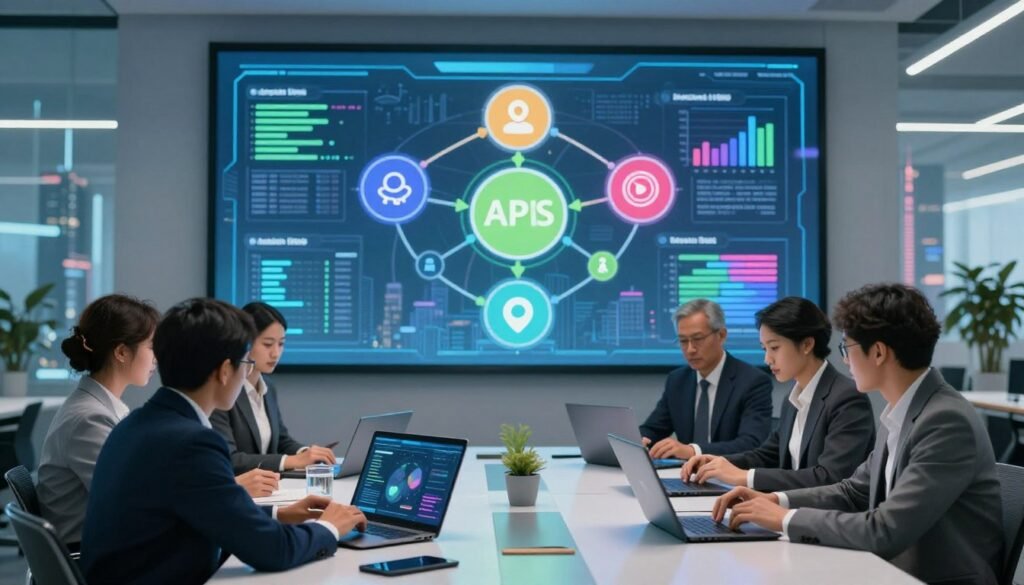 A modern, tech-driven workspace showcasing the concept of open data and web APIs. In the foreground, a diverse group of professionals in business attire collaborates around a sleek table, analyzing data visualizations on laptops and tablets. The middle ground features a large digital screen displaying a colorful flowchart of interconnected APIs, symbols of data exchange, and abstract graphs. The background provides a glimpse of a futuristic cityscape, emphasizing innovation and connectivity, with soft blue and green lighting creating a vibrant, optimistic atmosphere. A wide-angle lens captures the entire scene, enhancing the feeling of engagement and collaboration in the digital age. A modern, tech-driven workspace showcasing the concept of open data and web APIs. In the foreground, a diverse group of professionals in business attire collaborates around a sleek table, analyzing data visualizations on laptops and tablets. The middle ground features a large digital screen displaying a colorful flowchart of interconnected APIs, symbols of data exchange, and abstract graphs. The background provides a glimpse of a futuristic cityscape, emphasizing innovation and connectivity, with soft blue and green lighting creating a vibrant, optimistic atmosphere. A wide-angle lens captures the entire scene, enhancing the feeling of engagement and collaboration in the digital age.