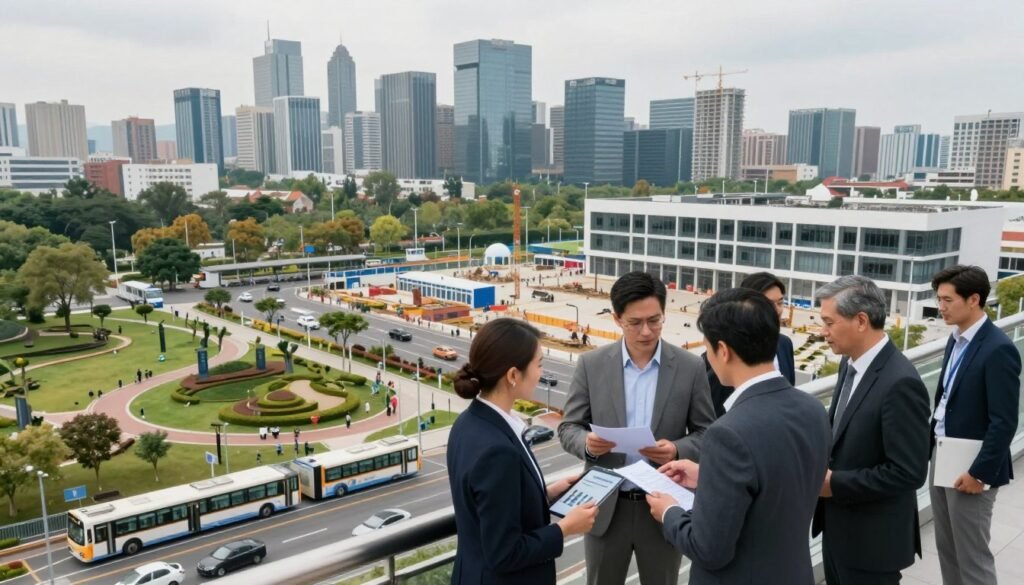 A modern urban landscape showcasing public facility management challenges. In the foreground, a diverse group of professionals in business attire, including a woman analyzing charts on a tablet and a man discussing plans with colleagues, representing teamwork and strategy. The middle ground features various public facilities, such as a city park, a transport hub, and a community center, highlighting maintenance and accessibility issues. In the background, a skyline of a bustling city with visible construction and improvement projects. Use soft, natural lighting to convey a sense of determination, and a slightly overcast sky for a contemplative atmosphere. The angle should be wide, capturing the complexity and vibrancy of public facility management. A modern urban landscape showcasing public facility management challenges. In the foreground, a diverse group of professionals in business attire, including a woman analyzing charts on a tablet and a man discussing plans with colleagues, representing teamwork and strategy. The middle ground features various public facilities, such as a city park, a transport hub, and a community center, highlighting maintenance and accessibility issues. In the background, a skyline of a bustling city with visible construction and improvement projects. Use soft, natural lighting to convey a sense of determination, and a slightly overcast sky for a contemplative atmosphere. The angle should be wide, capturing the complexity and vibrancy of public facility management.
