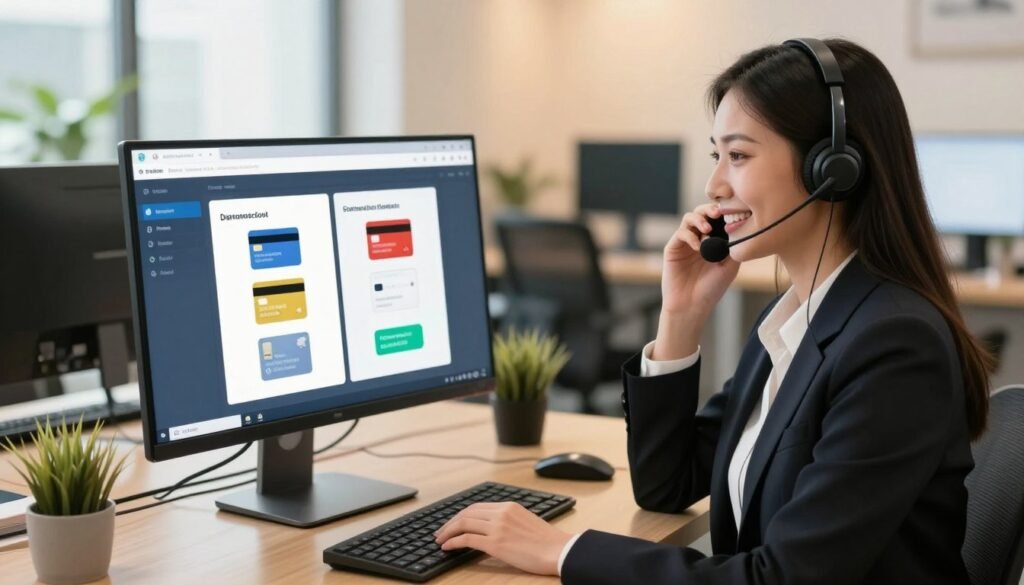 A modern, welcoming customer support center illustrating reliable service and seamless payment options. In the foreground, a friendly customer service representative in professional business attire is engaged in a call, smiling and showing attentiveness. In the middle ground, a sleek computer interface displays various payment options, including digital wallets and credit card icons, highlighting convenience. The background features a warm, well-lit office environment with soft natural light filtering through large windows, creating an inviting atmosphere. The scene is captured from a slightly elevated angle to emphasize the tech-savvy workspace. The overall mood is professional yet approachable, reflecting trust and efficiency in service delivery. A modern, welcoming customer support center illustrating reliable service and seamless payment options. In the foreground, a friendly customer service representative in professional business attire is engaged in a call, smiling and showing attentiveness. In the middle ground, a sleek computer interface displays various payment options, including digital wallets and credit card icons, highlighting convenience. The background features a warm, well-lit office environment with soft natural light filtering through large windows, creating an inviting atmosphere. The scene is captured from a slightly elevated angle to emphasize the tech-savvy workspace. The overall mood is professional yet approachable, reflecting trust and efficiency in service delivery.