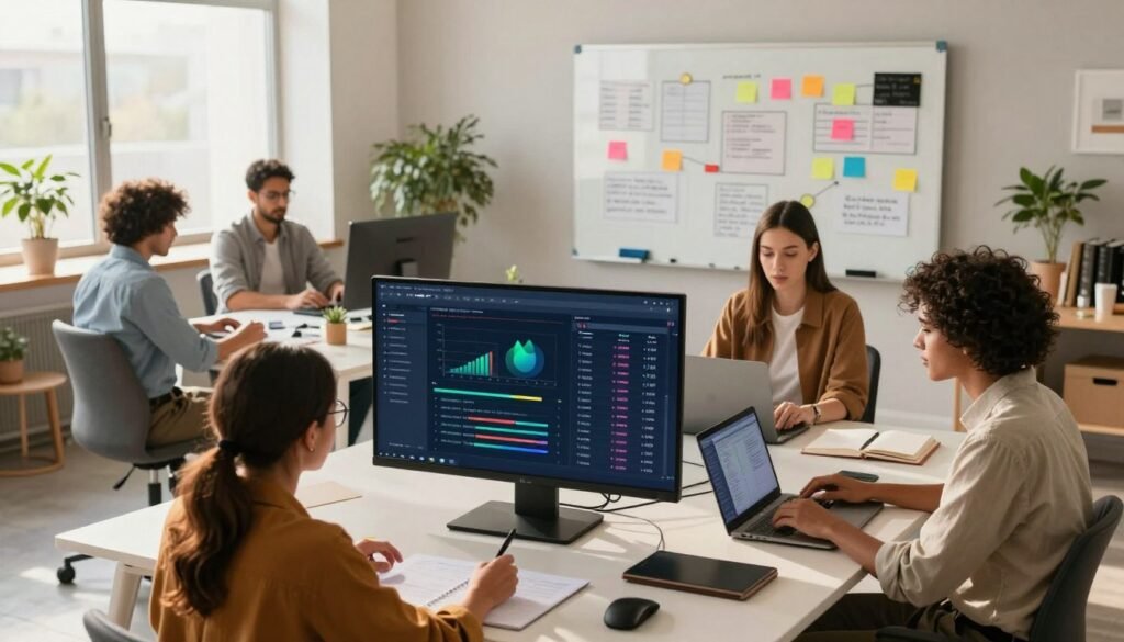 A modern workspace featuring innovative project management tools. In the foreground, a sleek, interactive digital dashboard displaying colorful graphs and task lists. A diverse team of professionals in smart casual attire collaborates around a stylish table, engaging with digital devices. The middle ground includes a large whiteboard filled with strategic notes and colorful sticky notes, illustrating brainstorming and planning processes. The background showcases a bright office environment with large windows letting in natural light, plants, and contemporary furniture that enhances creativity. The atmosphere is dynamic and collaborative, conveying a sense of productivity and teamwork. Use warm lighting to create an inviting mood, with a focus on teamwork and innovation. Capture the image from a slightly elevated angle to encompass all elements harmoniously. A modern workspace featuring innovative project management tools. In the foreground, a sleek, interactive digital dashboard displaying colorful graphs and task lists. A diverse team of professionals in smart casual attire collaborates around a stylish table, engaging with digital devices. The middle ground includes a large whiteboard filled with strategic notes and colorful sticky notes, illustrating brainstorming and planning processes. The background showcases a bright office environment with large windows letting in natural light, plants, and contemporary furniture that enhances creativity. The atmosphere is dynamic and collaborative, conveying a sense of productivity and teamwork. Use warm lighting to create an inviting mood, with a focus on teamwork and innovation. Capture the image from a slightly elevated angle to encompass all elements harmoniously.