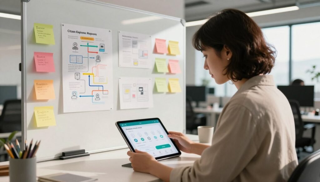 A modern workspace focused on user experience and interface design for a citizen reporting app. In the foreground, a designer in smart casual attire is examining a tablet displaying an intuitive app interface featuring buttons and icons symbolizing reporting functions. In the middle, colorful post-it notes and sketches adorn a whiteboard, showcasing user journey maps and design prototypes. The background reveals a bright, open office with large windows allowing natural light to flood in, enhancing a collaborative atmosphere. Soft shadows cast by contemporary LED lighting create a warm yet professional mood. The image captures the essence of creativity and functionality, emphasizing innovation and user-centric design principles. A modern workspace focused on user experience and interface design for a citizen reporting app. In the foreground, a designer in smart casual attire is examining a tablet displaying an intuitive app interface featuring buttons and icons symbolizing reporting functions. In the middle, colorful post-it notes and sketches adorn a whiteboard, showcasing user journey maps and design prototypes. The background reveals a bright, open office with large windows allowing natural light to flood in, enhancing a collaborative atmosphere. Soft shadows cast by contemporary LED lighting create a warm yet professional mood. The image captures the essence of creativity and functionality, emphasizing innovation and user-centric design principles.