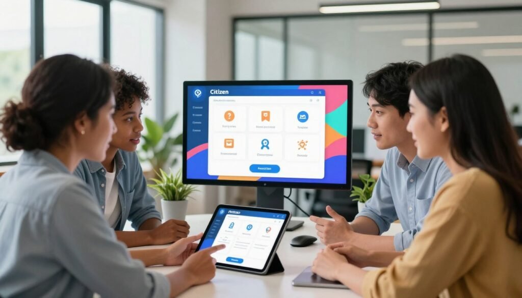 A modern workspace illustrating the concept of a citizen reporting app. In the foreground, a diverse group of three individuals—one Black woman, one Asian man, and one Hispanic woman—interact around a sleek table, engaged in discussion while examining a tablet displaying app features. In the middle ground, a large touchscreen monitor shows a vibrant user interface with icons representing various reporting functions like safety alerts and community feedback. The background features a bright, airy office space with large windows letting in natural light, plants for a refreshing touch, and visual elements related to community engagement. The atmosphere is collaborative and innovative, indicating a sense of empowerment and technological advancement, with soft lighting to enhance the inviting mood. A modern workspace illustrating the concept of a citizen reporting app. In the foreground, a diverse group of three individuals—one Black woman, one Asian man, and one Hispanic woman—interact around a sleek table, engaged in discussion while examining a tablet displaying app features. In the middle ground, a large touchscreen monitor shows a vibrant user interface with icons representing various reporting functions like safety alerts and community feedback. The background features a bright, airy office space with large windows letting in natural light, plants for a refreshing touch, and visual elements related to community engagement. The atmosphere is collaborative and innovative, indicating a sense of empowerment and technological advancement, with soft lighting to enhance the inviting mood.