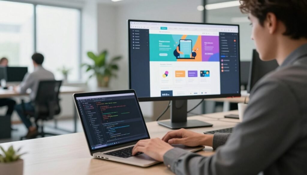 A modern workspace showcasing web design and development. In the foreground, a professional individual in business attire is working on a laptop, focused on coding with a sleek, intuitive interface open on the screen. In the middle ground, a large digital display shows an array of colorful website layouts and user interfaces, attracting attention. The background features a bright, airy office with greenery and minimalist furniture, illuminated by soft natural light flowing through large windows. The atmosphere is inspiring and innovative, conveying a sense of collaboration and creativity, ideal for developing integrated digital solutions. The image captures the essence of modern technology in a professional environment, emphasizing teamwork and digital empowerment. A modern workspace showcasing web design and development. In the foreground, a professional individual in business attire is working on a laptop, focused on coding with a sleek, intuitive interface open on the screen. In the middle ground, a large digital display shows an array of colorful website layouts and user interfaces, attracting attention. The background features a bright, airy office with greenery and minimalist furniture, illuminated by soft natural light flowing through large windows. The atmosphere is inspiring and innovative, conveying a sense of collaboration and creativity, ideal for developing integrated digital solutions. The image captures the essence of modern technology in a professional environment, emphasizing teamwork and digital empowerment.