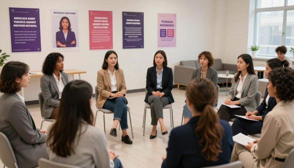 A powerful scene illustrating the theme of reducing violence against women, set in a well-lit community center. In the foreground, a diverse group of women and men, dressed in professional business attire, are engaging in a constructive discussion. The women display confidence and hope in their expressions. In the middle ground, posters with empowering messages adorn the walls, emphasizing community support. In the background, a cozy seating area invites open conversations. Use soft, warm lighting to create an inviting atmosphere that radiates positivity and solidarity. The image should evoke a sense of unity and determination, showcasing collaboration among individuals working towards effective initiatives for a safer future. A powerful scene illustrating the theme of reducing violence against women, set in a well-lit community center. In the foreground, a diverse group of women and men, dressed in professional business attire, are engaging in a constructive discussion. The women display confidence and hope in their expressions. In the middle ground, posters with empowering messages adorn the walls, emphasizing community support. In the background, a cozy seating area invites open conversations. Use soft, warm lighting to create an inviting atmosphere that radiates positivity and solidarity. The image should evoke a sense of unity and determination, showcasing collaboration among individuals working towards effective initiatives for a safer future.
