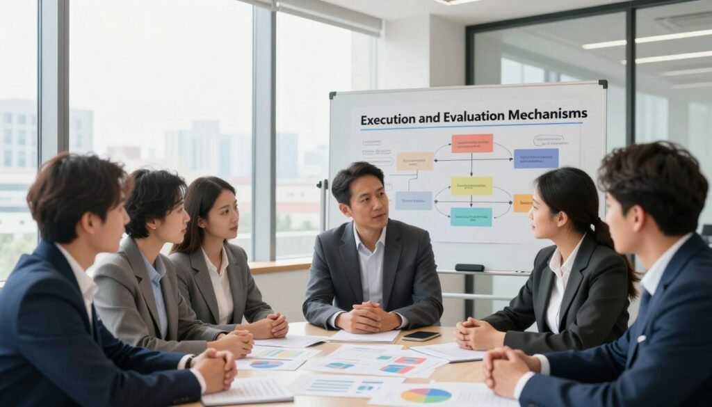 A professional and engaging scene illustrating the concept of "Execution and Evaluation Mechanisms" within citizen participation. In the foreground, a diverse group of individuals in business attire are engaged in a productive discussion around a table filled with charts and documents. The middle ground features a large whiteboard with colorful diagrams and flowcharts visualizing strategies and evaluation criteria. In the background, a bright, modern office setting bathed in natural light, with large windows showing a cityscape, creating a sense of openness and collaboration. Capture the mood of innovation and teamwork with soft, warm lighting, focusing on the participants' expressions of determination and focus. The image should reflect a professional atmosphere conveying the importance of citizen involvement in governance processes. A professional and engaging scene illustrating the concept of "Execution and Evaluation Mechanisms" within citizen participation. In the foreground, a diverse group of individuals in business attire are engaged in a productive discussion around a table filled with charts and documents. The middle ground features a large whiteboard with colorful diagrams and flowcharts visualizing strategies and evaluation criteria. In the background, a bright, modern office setting bathed in natural light, with large windows showing a cityscape, creating a sense of openness and collaboration. Capture the mood of innovation and teamwork with soft, warm lighting, focusing on the participants' expressions of determination and focus. The image should reflect a professional atmosphere conveying the importance of citizen involvement in governance processes.