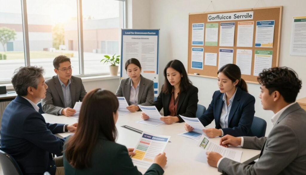 A professional and inviting community center meeting room, showcasing local government services. In the foreground, a diverse group of individuals in professional attire sits around a table, engaged in discussion, reviewing pamphlets and documents about community services. In the middle ground, a large, informative bulletin board displays flyers and resources about various local government programs, like public health, education, and housing assistance. The background features large windows letting in warm, natural light, creating a bright and welcoming atmosphere. The scene is captured with a slight angle from above, emphasizing collaboration and understanding. Overall, the mood is constructive and informative, inviting the viewer to learn more about the essential services their local government provides. A professional and inviting community center meeting room, showcasing local government services. In the foreground, a diverse group of individuals in professional attire sits around a table, engaged in discussion, reviewing pamphlets and documents about community services. In the middle ground, a large, informative bulletin board displays flyers and resources about various local government programs, like public health, education, and housing assistance. The background features large windows letting in warm, natural light, creating a bright and welcoming atmosphere. The scene is captured with a slight angle from above, emphasizing collaboration and understanding. Overall, the mood is constructive and informative, inviting the viewer to learn more about the essential services their local government provides.