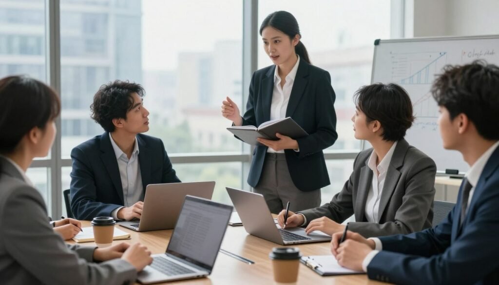 A professional business setting depicting a diverse group of individuals in a collaborative meeting. Foreground: A table with laptops, notebooks, and coffee cups, as team members engage in discussion and active listening, showcasing trust and mutual respect. Middle ground: Two individuals, one presenting an idea with enthusiasm, the other taking notes, both dressed in smart business attire. Background: A large window revealing a cityscape, with soft natural light illuminating the scene, creating an inviting atmosphere. The mood is dynamic, emphasizing teamwork, effective communication, and relationship-building. The camera angle is slightly elevated, capturing the interaction among the participants, enhancing the focus on collaboration and leadership skills. A professional business setting depicting a diverse group of individuals in a collaborative meeting. Foreground: A table with laptops, notebooks, and coffee cups, as team members engage in discussion and active listening, showcasing trust and mutual respect. Middle ground: Two individuals, one presenting an idea with enthusiasm, the other taking notes, both dressed in smart business attire. Background: A large window revealing a cityscape, with soft natural light illuminating the scene, creating an inviting atmosphere. The mood is dynamic, emphasizing teamwork, effective communication, and relationship-building. The camera angle is slightly elevated, capturing the interaction among the participants, enhancing the focus on collaboration and leadership skills.