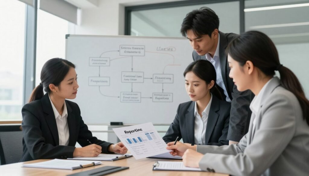 A professional business setting depicting an office environment focused on the reporting process. In the foreground, a diverse group of three business professionals, dressed in business attire, are gathered around a conference table reviewing a detailed report. The middle ground features a large whiteboard with flowcharts and key steps outlined for effective reporting. The background showcases a modern office with large windows allowing natural light to flood in, creating a bright and inviting atmosphere. The lighting is soft yet clear, casting gentle shadows. The overall mood should convey teamwork, clarity, and professionalism, emphasizing collaboration in understanding the reporting process. A professional business setting depicting an office environment focused on the reporting process. In the foreground, a diverse group of three business professionals, dressed in business attire, are gathered around a conference table reviewing a detailed report. The middle ground features a large whiteboard with flowcharts and key steps outlined for effective reporting. The background showcases a modern office with large windows allowing natural light to flood in, creating a bright and inviting atmosphere. The lighting is soft yet clear, casting gentle shadows. The overall mood should convey teamwork, clarity, and professionalism, emphasizing collaboration in understanding the reporting process.